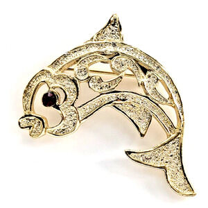 VTG Gerry's Koi Fish Red Rhinestones Eye Gold Tone Brooch Pin Animal Jewelry